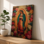 A vintage-style depiction of Our Lady of Guadalupe surrounded by vibrant roses, featuring the Virgin of Guadalupe in traditional robes with hands clasped in prayer, rendered on a framed canvas with detailed floral borders in a classic Catholic art style.