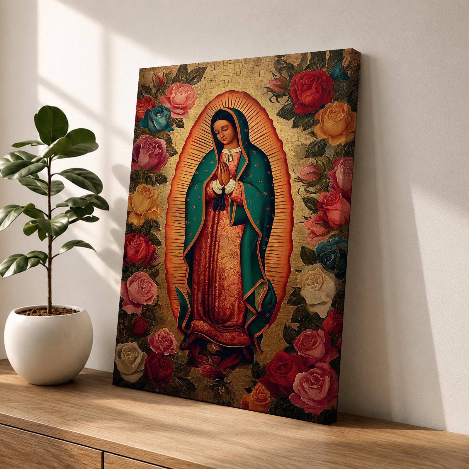 A vintage-style depiction of Our Lady of Guadalupe surrounded by vibrant roses, featuring the Virgin of Guadalupe in traditional robes with hands clasped in prayer, rendered on a framed canvas with detailed floral borders in a classic Catholic art style.