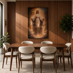 A detailed framed canvas artwork depicting Our Lady of Grace with outstretched arms, surrounded by a glowing halo and clouds, rendered in a classical realistic style emphasizing serene facial expression and flowing robes, symbolizing grace and compassion in religious art.