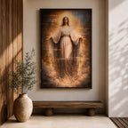 A detailed framed canvas artwork depicting Our Lady of Grace with outstretched arms, surrounded by a glowing halo and clouds, rendered in a classical realistic style emphasizing serene facial expression and flowing robes, symbolizing grace and compassion in religious art.