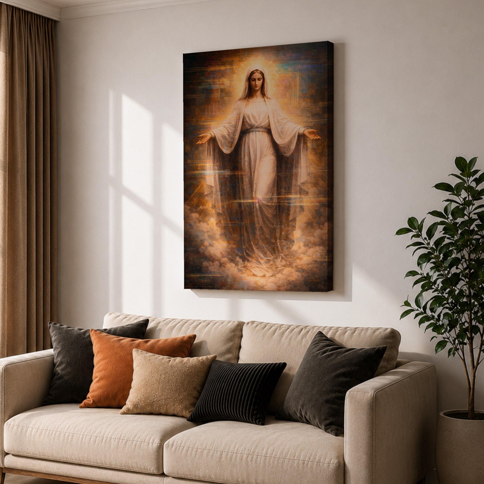 A detailed framed canvas artwork depicting Our Lady of Grace with outstretched arms, surrounded by a glowing halo and clouds, rendered in a classical realistic style emphasizing serene facial expression and flowing robes, symbolizing grace and compassion in religious art.