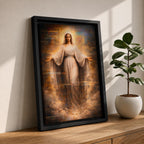 A detailed framed canvas artwork depicting Our Lady of Grace with outstretched arms, surrounded by a glowing halo and clouds, rendered in a classical realistic style emphasizing serene facial expression and flowing robes, symbolizing grace and compassion in religious art.