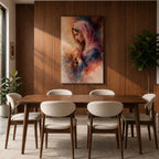 A watercolor style painting of the Virgin Mary wearing a pink hooded shawl, holding a rosary with a gold cross, her eyes closed in prayer, surrounded by soft, blended warm and cool colors creating a serene and contemplative atmosphere.