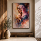A watercolor style painting of the Virgin Mary wearing a pink hooded shawl, holding a rosary with a gold cross, her eyes closed in prayer, surrounded by soft, blended warm and cool colors creating a serene and contemplative atmosphere.