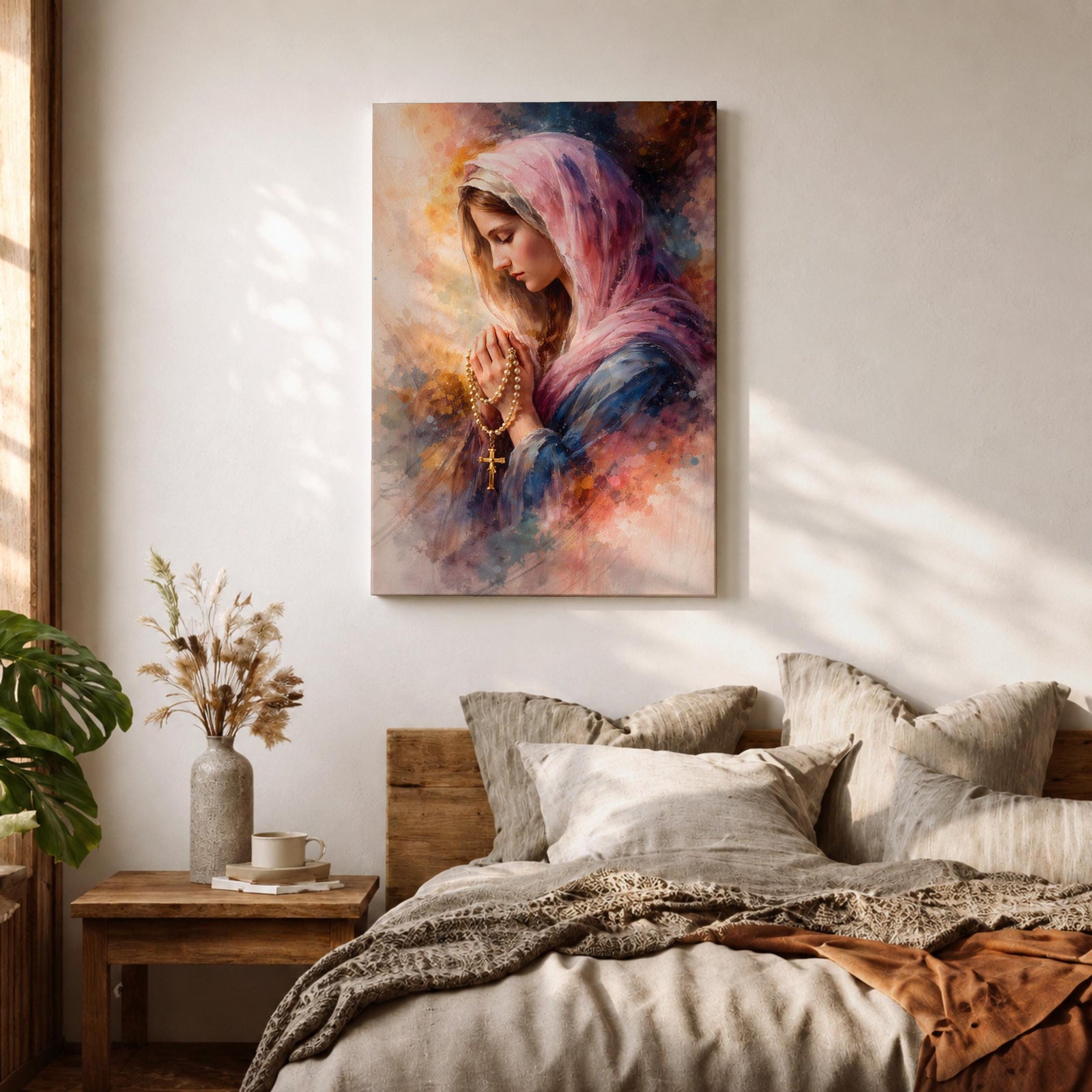 A watercolor style painting of the Virgin Mary wearing a pink hooded shawl, holding a rosary with a gold cross, her eyes closed in prayer, surrounded by soft, blended warm and cool colors creating a serene and contemplative atmosphere.