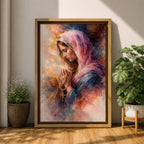 A watercolor style painting of the Virgin Mary wearing a pink hooded shawl, holding a rosary with a gold cross, her eyes closed in prayer, surrounded by soft, blended warm and cool colors creating a serene and contemplative atmosphere.
