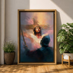 A digital painting depicting Jesus Christ on the cross wearing a crown of thorns, blood visible on his chest and face, with a glowing light background and a shadowy figure in the foreground, rendered in a painterly style with soft blending and dramatic lighting.