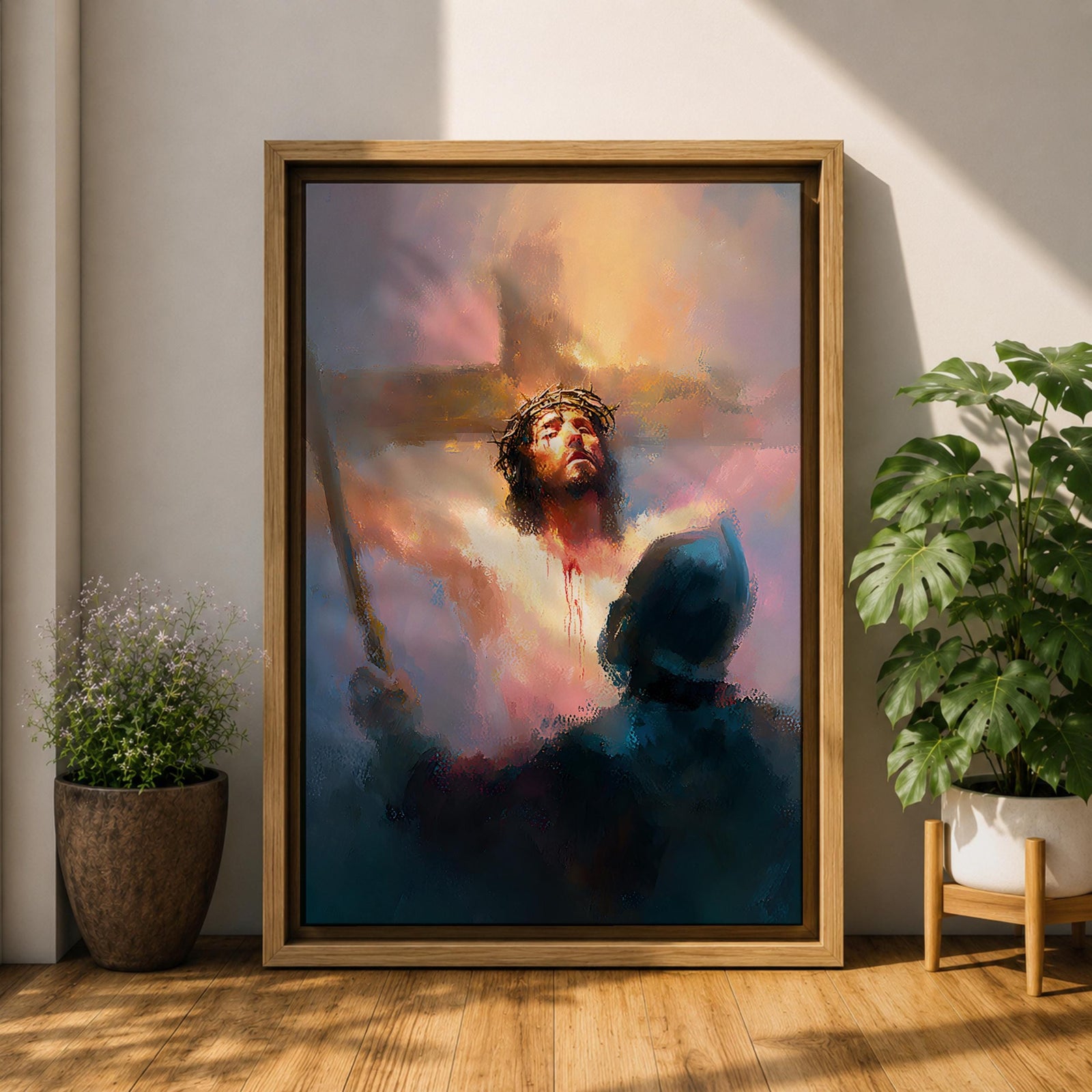 A digital painting depicting Jesus Christ on the cross wearing a crown of thorns, blood visible on his chest and face, with a glowing light background and a shadowy figure in the foreground, rendered in a painterly style with soft blending and dramatic lighting.