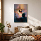 A digital painting depicting Jesus Christ on the cross wearing a crown of thorns, blood visible on his chest and face, with a glowing light background and a shadowy figure in the foreground, rendered in a painterly style with soft blending and dramatic lighting.