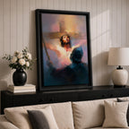 A digital painting depicting Jesus Christ on the cross wearing a crown of thorns, blood visible on his chest and face, with a glowing light background and a shadowy figure in the foreground, rendered in a painterly style with soft blending and dramatic lighting.