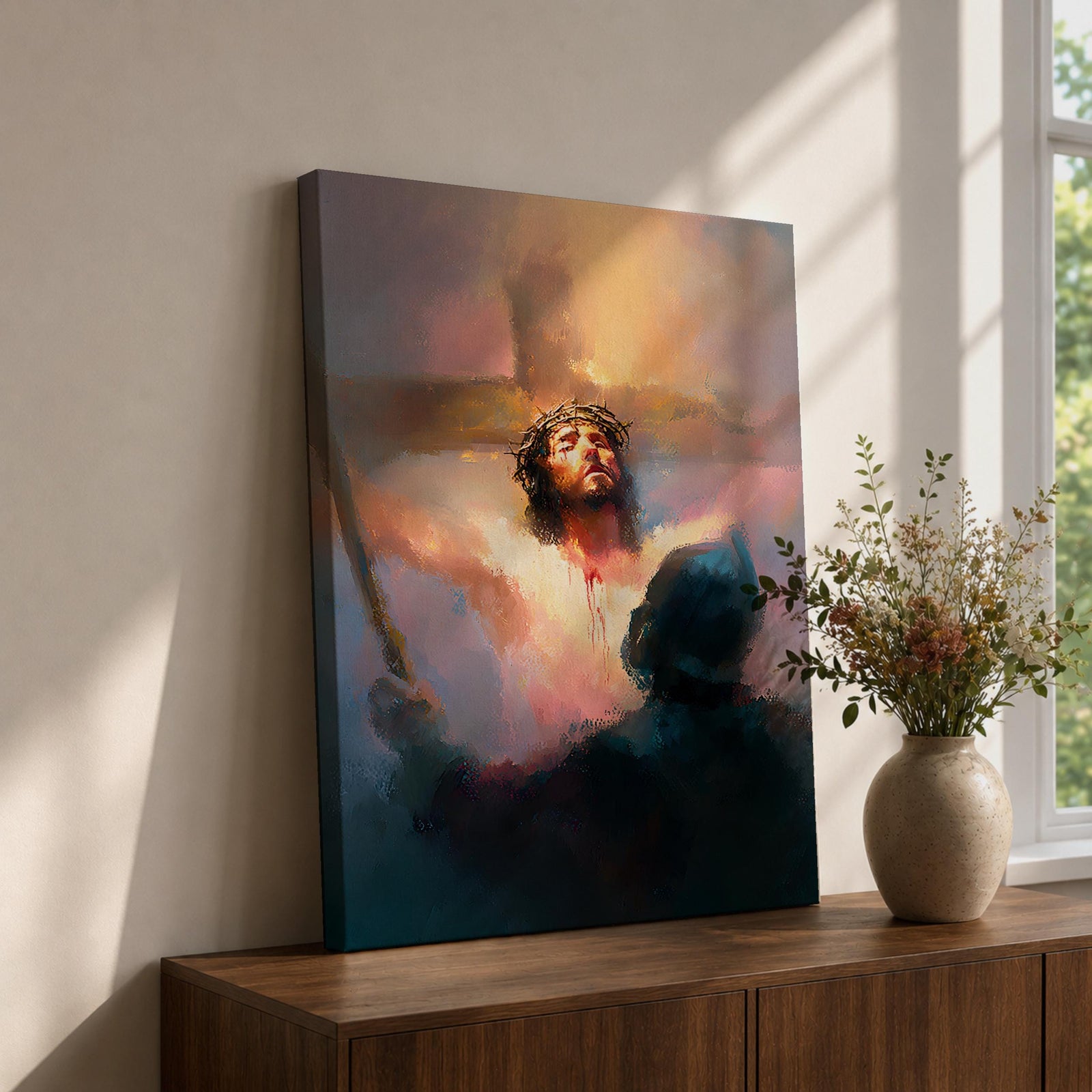 A digital painting depicting Jesus Christ on the cross wearing a crown of thorns, blood visible on his chest and face, with a glowing light background and a shadowy figure in the foreground, rendered in a painterly style with soft blending and dramatic lighting.