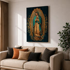 A detailed framed canvas artwork depicting Our Lady of Guadalupe standing with hands clasped in prayer, surrounded by a radiant golden aura and floral motifs, rendered in a traditional style emphasizing intricate patterns and symbolic elements.