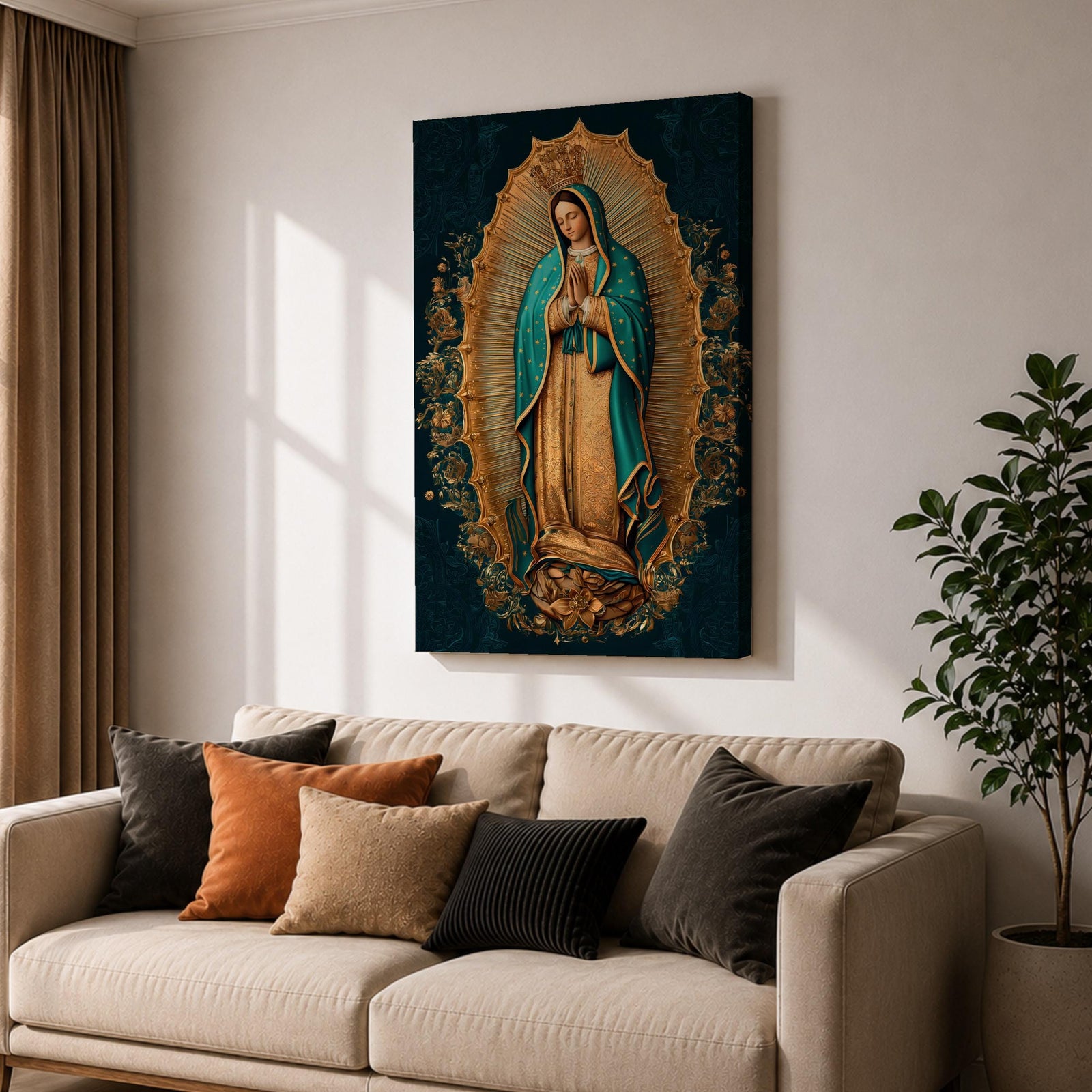 A detailed framed canvas artwork depicting Our Lady of Guadalupe standing with hands clasped in prayer, surrounded by a radiant golden aura and floral motifs, rendered in a traditional style emphasizing intricate patterns and symbolic elements.