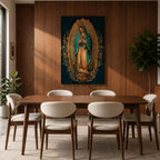 A detailed framed canvas artwork depicting Our Lady of Guadalupe standing with hands clasped in prayer, surrounded by a radiant golden aura and floral motifs, rendered in a traditional style emphasizing intricate patterns and symbolic elements.