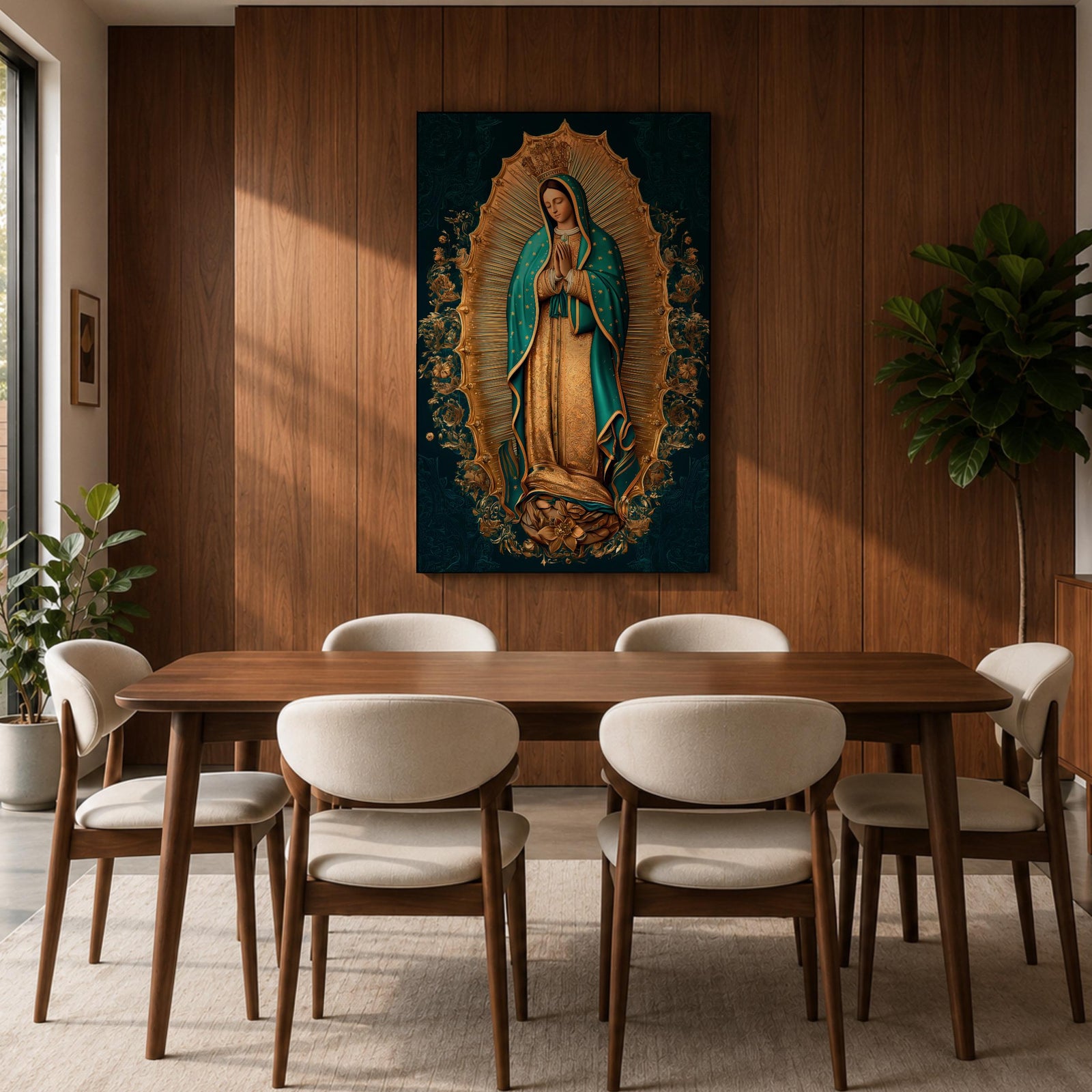 A detailed framed canvas artwork depicting Our Lady of Guadalupe standing with hands clasped in prayer, surrounded by a radiant golden aura and floral motifs, rendered in a traditional style emphasizing intricate patterns and symbolic elements.