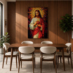 A vibrant stained glass style depiction of the Sacred Heart of Jesus featuring Jesus with long hair and beard, holding a flaming heart at his chest, surrounded by radiant colored rays in a mosaic-like pattern, rendered in rich, luminous colors with detailed folds in his robe.