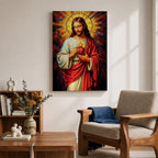 A vibrant stained glass style depiction of the Sacred Heart of Jesus featuring Jesus with long hair and beard, holding a flaming heart at his chest, surrounded by radiant colored rays in a mosaic-like pattern, rendered in rich, luminous colors with detailed folds in his robe.
