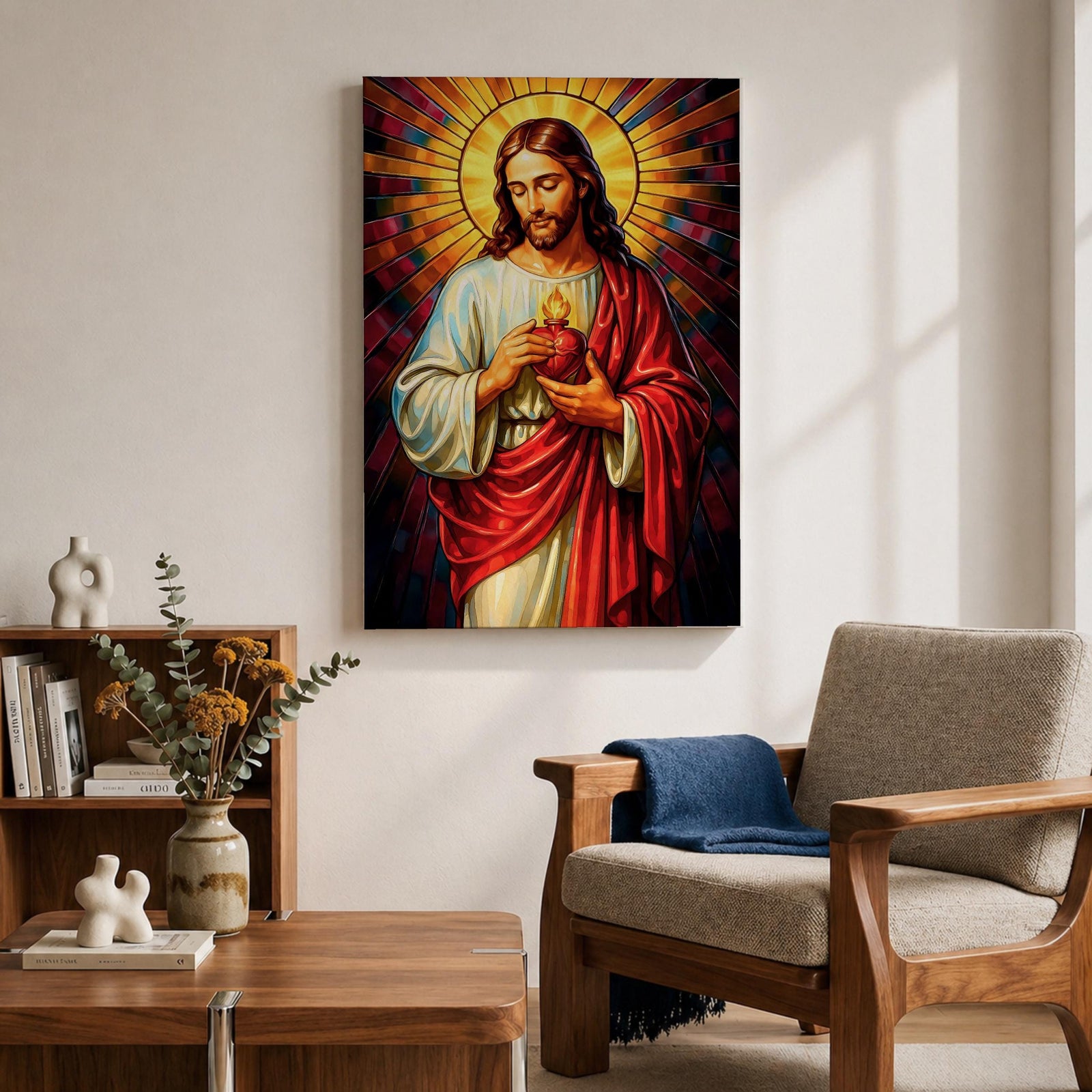 A vibrant stained glass style depiction of the Sacred Heart of Jesus featuring Jesus with long hair and beard, holding a flaming heart at his chest, surrounded by radiant colored rays in a mosaic-like pattern, rendered in rich, luminous colors with detailed folds in his robe.