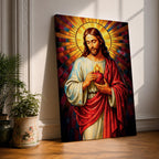 A vibrant stained glass style depiction of the Sacred Heart of Jesus featuring Jesus with long hair and beard, holding a flaming heart at his chest, surrounded by radiant colored rays in a mosaic-like pattern, rendered in rich, luminous colors with detailed folds in his robe.