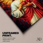 A vibrant stained glass style depiction of the Sacred Heart of Jesus featuring Jesus with long hair and beard, holding a flaming heart at his chest, surrounded by radiant colored rays in a mosaic-like pattern, rendered in rich, luminous colors with detailed folds in his robe.