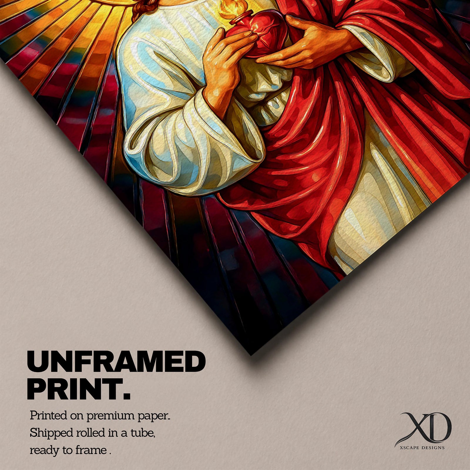 A vibrant stained glass style depiction of the Sacred Heart of Jesus featuring Jesus with long hair and beard, holding a flaming heart at his chest, surrounded by radiant colored rays in a mosaic-like pattern, rendered in rich, luminous colors with detailed folds in his robe.