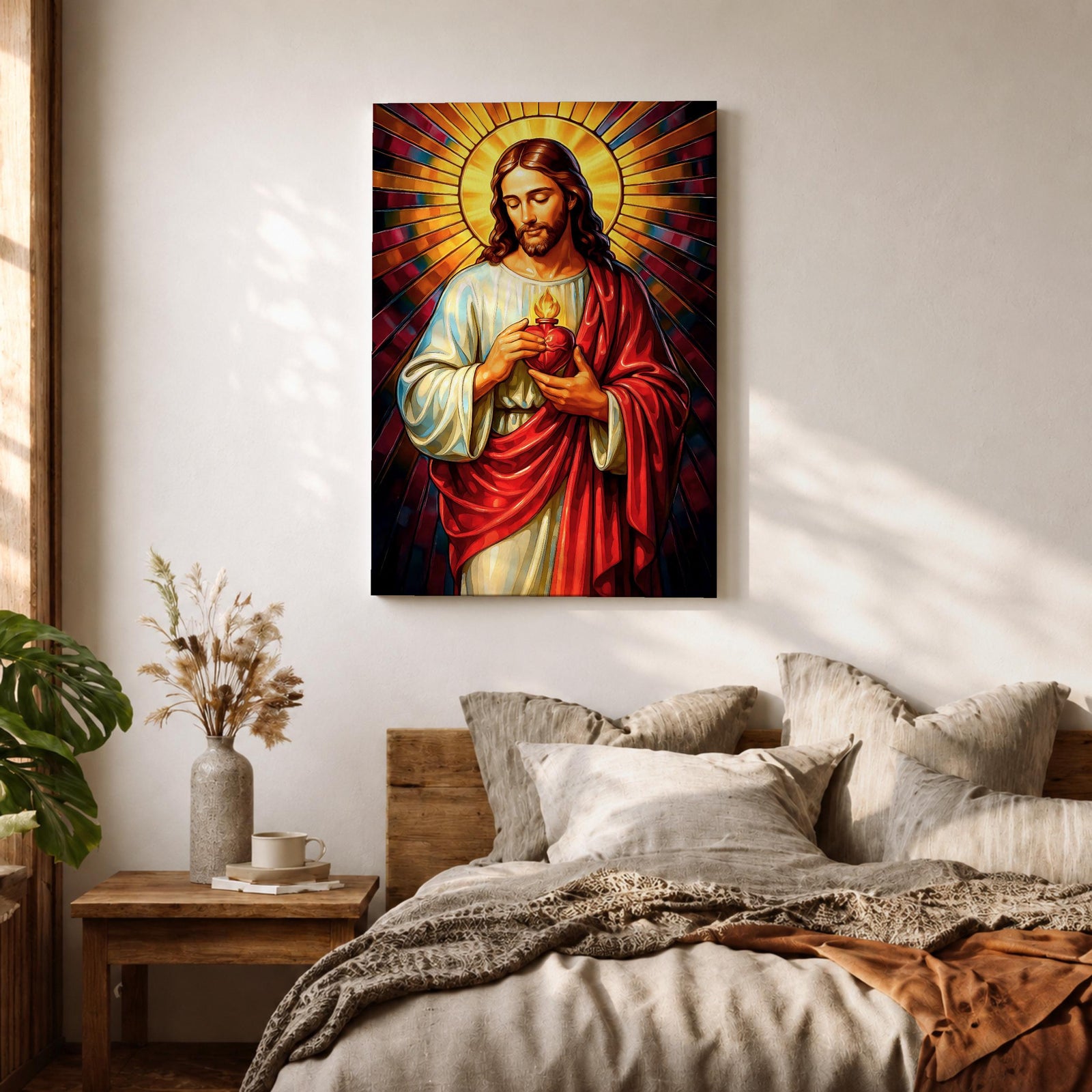A vibrant stained glass style depiction of the Sacred Heart of Jesus featuring Jesus with long hair and beard, holding a flaming heart at his chest, surrounded by radiant colored rays in a mosaic-like pattern, rendered in rich, luminous colors with detailed folds in his robe.