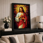 A vibrant stained glass style depiction of the Sacred Heart of Jesus featuring Jesus with long hair and beard, holding a flaming heart at his chest, surrounded by radiant colored rays in a mosaic-like pattern, rendered in rich, luminous colors with detailed folds in his robe.