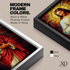 A vibrant stained glass style depiction of the Sacred Heart of Jesus featuring Jesus with long hair and beard, holding a flaming heart at his chest, surrounded by radiant colored rays in a mosaic-like pattern, rendered in rich, luminous colors with detailed folds in his robe.