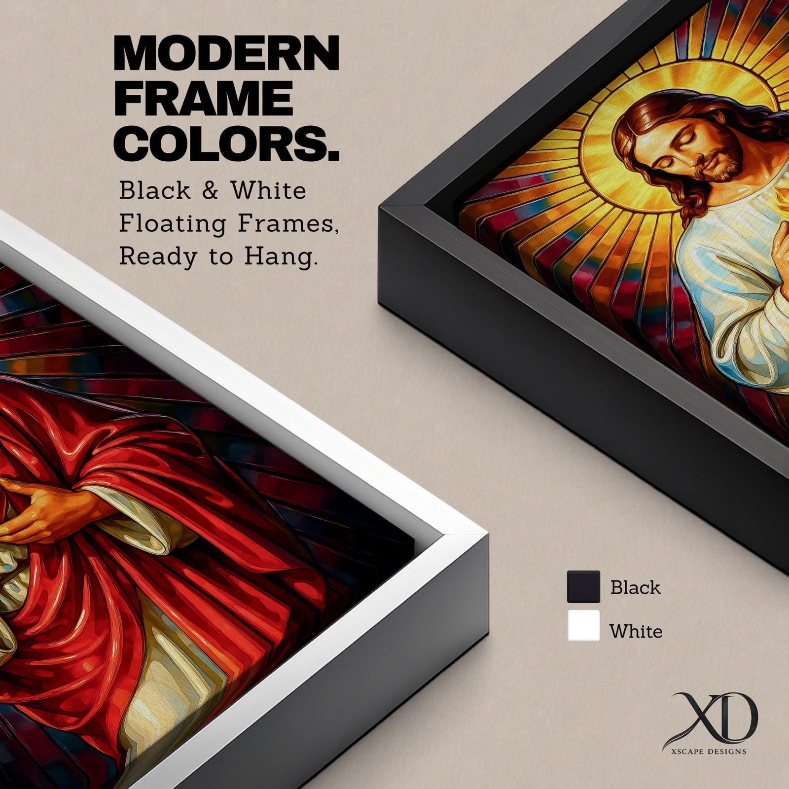 A vibrant stained glass style depiction of the Sacred Heart of Jesus featuring Jesus with long hair and beard, holding a flaming heart at his chest, surrounded by radiant colored rays in a mosaic-like pattern, rendered in rich, luminous colors with detailed folds in his robe.