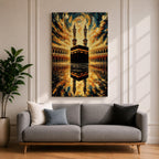 Textured painting of the Kaaba at Masjid al-Haram in Mecca beneath a dramatic swirling sky of gold, blue, and amber brushstrokes, with the sacred Kaaba reflected on the polished marble courtyard and two tall minarets rising behind the holy mosque.