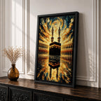 Textured painting of the Kaaba at Masjid al-Haram in Mecca beneath a dramatic swirling sky of gold, blue, and amber brushstrokes, with the sacred Kaaba reflected on the polished marble courtyard and two tall minarets rising behind the holy mosque.