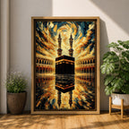 Textured painting of the Kaaba at Masjid al-Haram in Mecca beneath a dramatic swirling sky of gold, blue, and amber brushstrokes, with the sacred Kaaba reflected on the polished marble courtyard and two tall minarets rising behind the holy mosque.