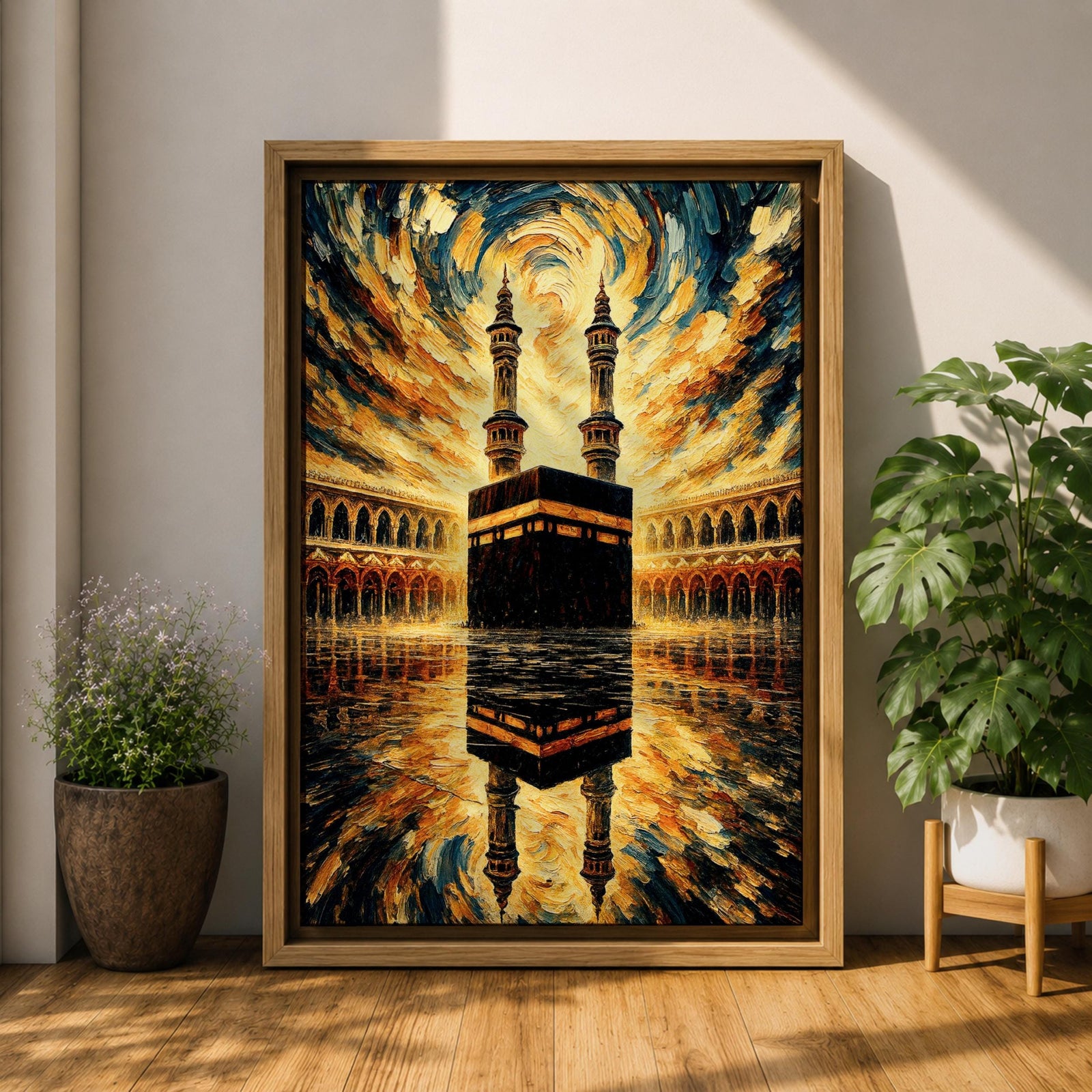 Textured painting of the Kaaba at Masjid al-Haram in Mecca beneath a dramatic swirling sky of gold, blue, and amber brushstrokes, with the sacred Kaaba reflected on the polished marble courtyard and two tall minarets rising behind the holy mosque.