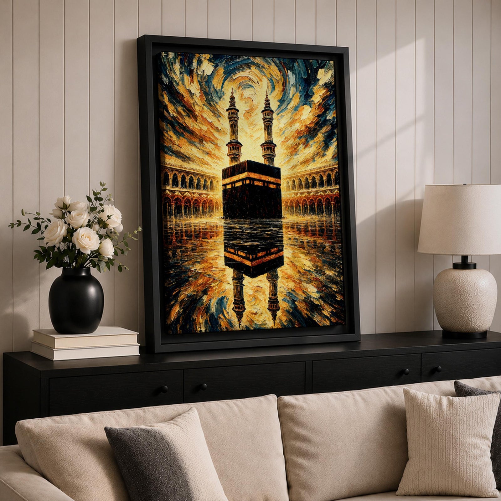 Textured painting of the Kaaba at Masjid al-Haram in Mecca beneath a dramatic swirling sky of gold, blue, and amber brushstrokes, with the sacred Kaaba reflected on the polished marble courtyard and two tall minarets rising behind the holy mosque.
