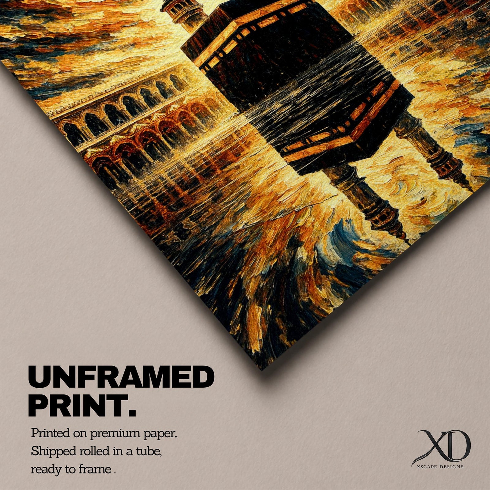 Textured painting of the Kaaba at Masjid al-Haram in Mecca beneath a dramatic swirling sky of gold, blue, and amber brushstrokes, with the sacred Kaaba reflected on the polished marble courtyard and two tall minarets rising behind the holy mosque.