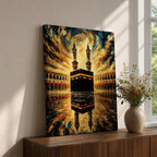 Textured painting of the Kaaba at Masjid al-Haram in Mecca beneath a dramatic swirling sky of gold, blue, and amber brushstrokes, with the sacred Kaaba reflected on the polished marble courtyard and two tall minarets rising behind the holy mosque.