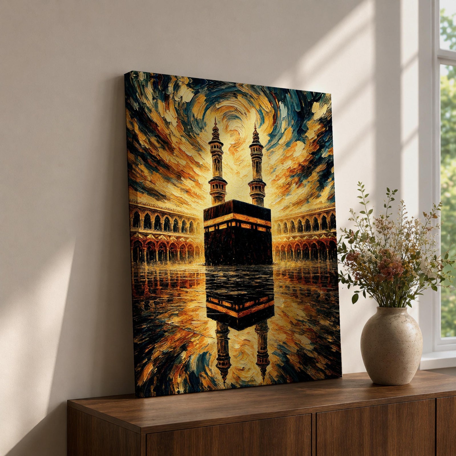 Textured painting of the Kaaba at Masjid al-Haram in Mecca beneath a dramatic swirling sky of gold, blue, and amber brushstrokes, with the sacred Kaaba reflected on the polished marble courtyard and two tall minarets rising behind the holy mosque.