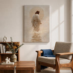 A framed canvas artwork depicting Jesus walking on water, showing him in a flowing robe with rippling water beneath and a glowing halo behind his head. The style is realistic with textured brush strokes emphasizing the water’s movement and the figure’s serene posture.