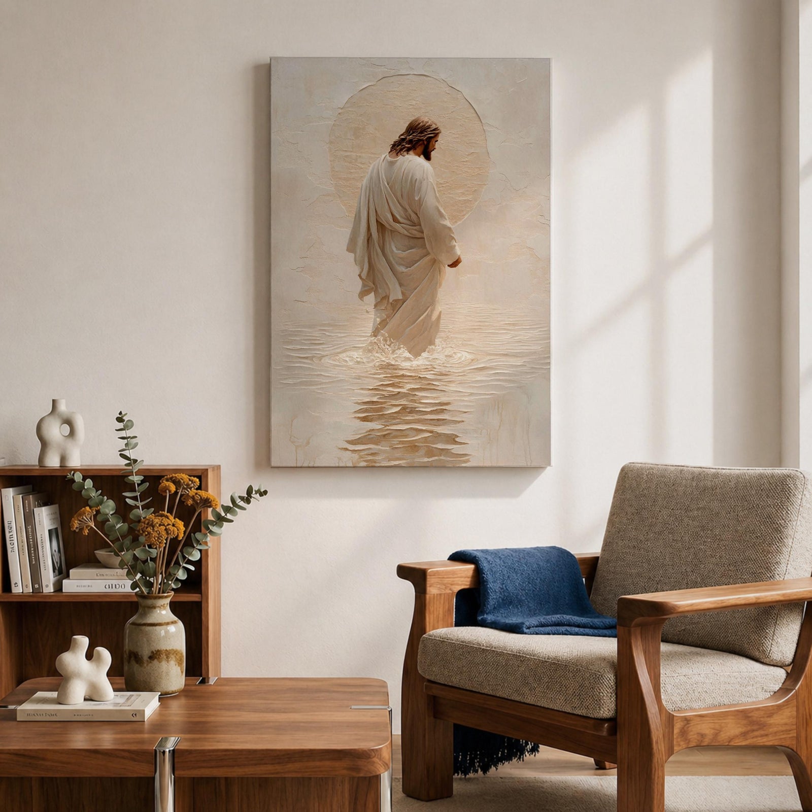 A framed canvas artwork depicting Jesus walking on water, showing him in a flowing robe with rippling water beneath and a glowing halo behind his head. The style is realistic with textured brush strokes emphasizing the water’s movement and the figure’s serene posture.