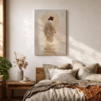 A framed canvas artwork depicting Jesus walking on water, showing him in a flowing robe with rippling water beneath and a glowing halo behind his head. The style is realistic with textured brush strokes emphasizing the water’s movement and the figure’s serene posture.