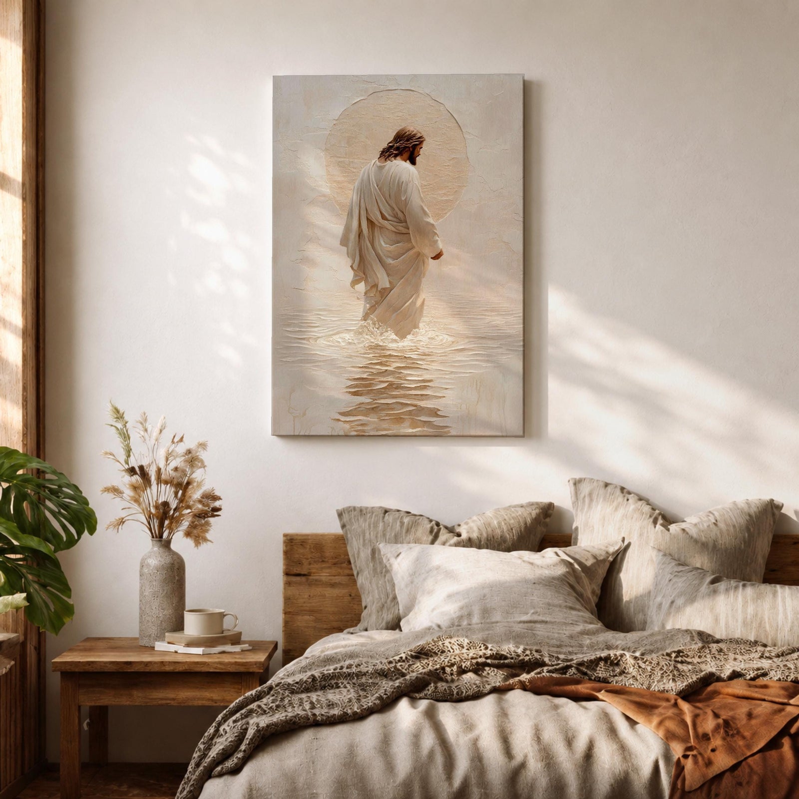 A framed canvas artwork depicting Jesus walking on water, showing him in a flowing robe with rippling water beneath and a glowing halo behind his head. The style is realistic with textured brush strokes emphasizing the water’s movement and the figure’s serene posture.
