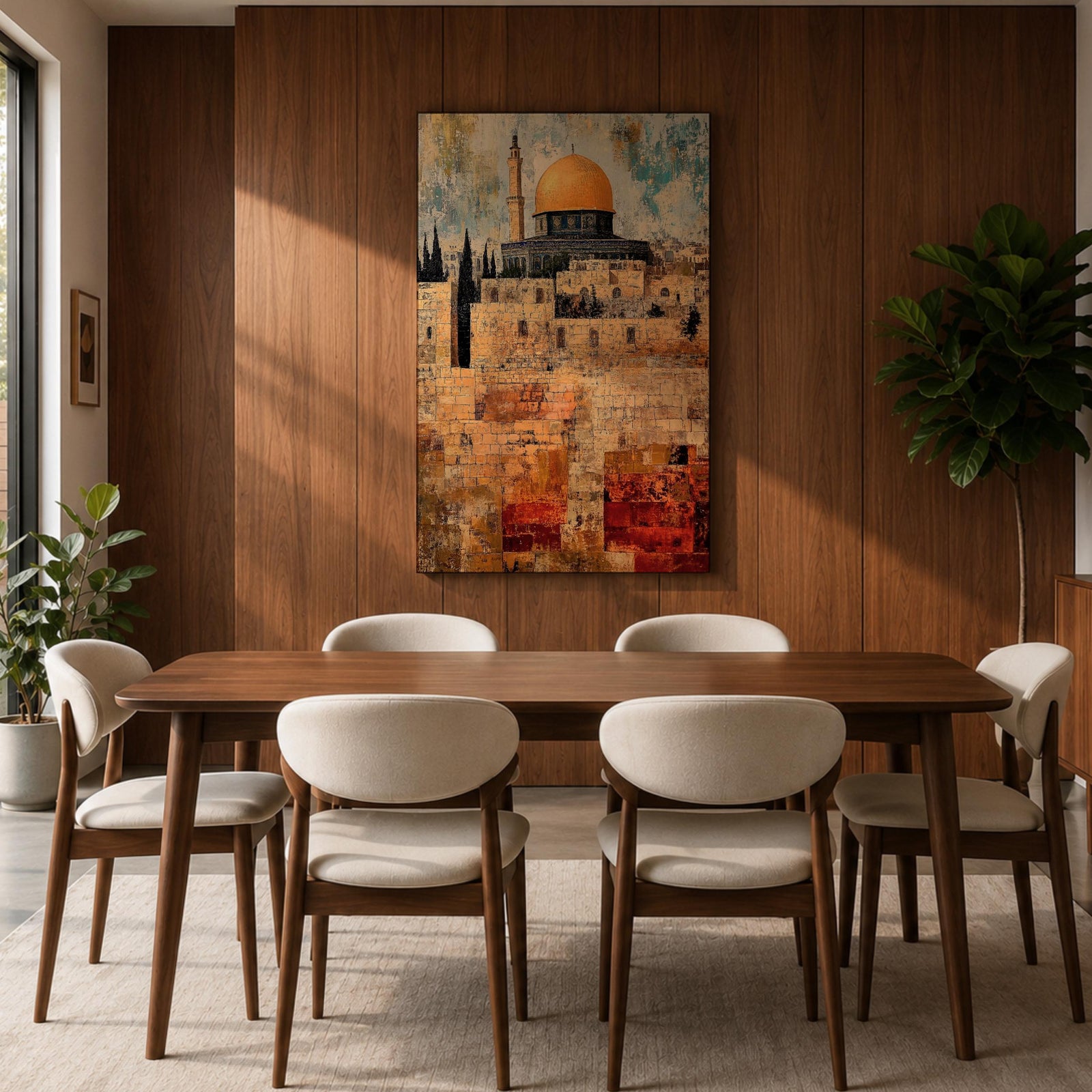 Textured painting of the Dome of the Rock with its golden dome rising above the historic stone walls of Jerusalem’s Old City, featuring layered brushstrokes and weathered textures that highlight the iconic Islamic shrine near the Al-Aqsa complex.