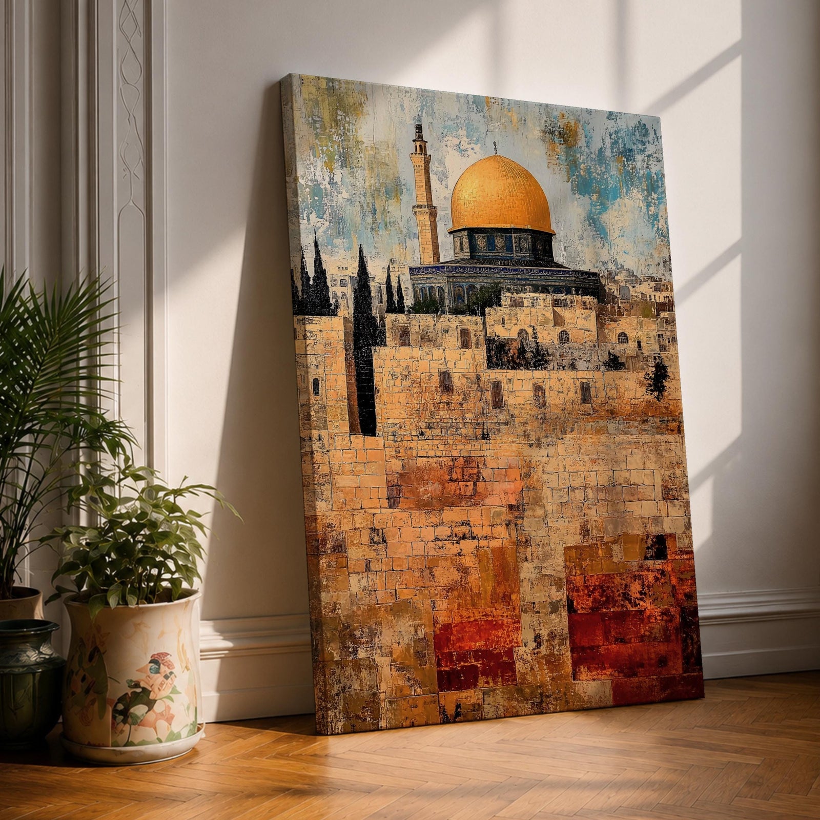 Textured painting of the Dome of the Rock with its golden dome rising above the historic stone walls of Jerusalem’s Old City, featuring layered brushstrokes and weathered textures that highlight the iconic Islamic shrine near the Al-Aqsa complex.