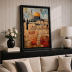 Textured painting of the Dome of the Rock with its golden dome rising above the historic stone walls of Jerusalem’s Old City, featuring layered brushstrokes and weathered textures that highlight the iconic Islamic shrine near the Al-Aqsa complex.