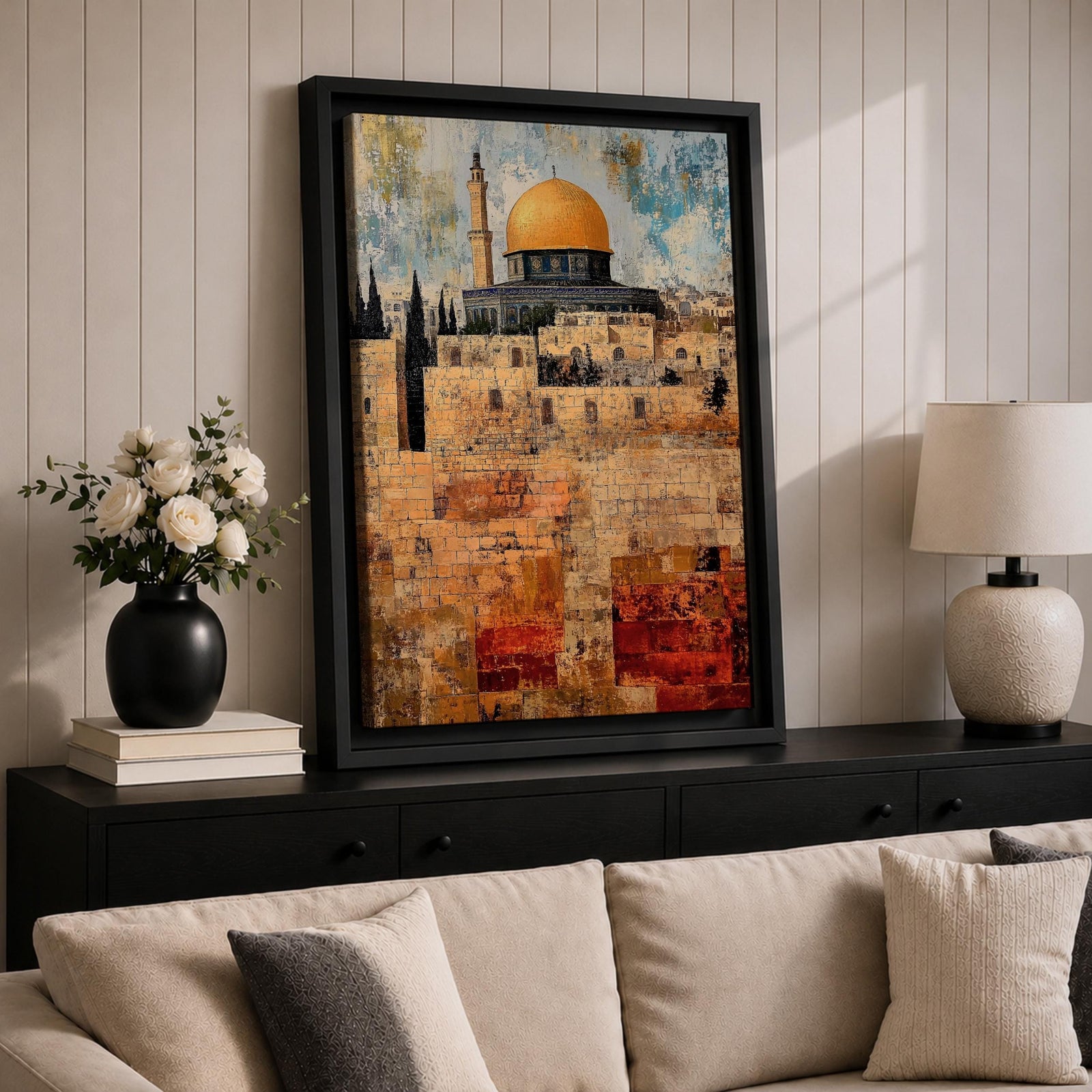 Textured painting of the Dome of the Rock with its golden dome rising above the historic stone walls of Jerusalem’s Old City, featuring layered brushstrokes and weathered textures that highlight the iconic Islamic shrine near the Al-Aqsa complex.
