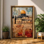 Textured painting of the Dome of the Rock with its golden dome rising above the historic stone walls of Jerusalem’s Old City, featuring layered brushstrokes and weathered textures that highlight the iconic Islamic shrine near the Al-Aqsa complex.
