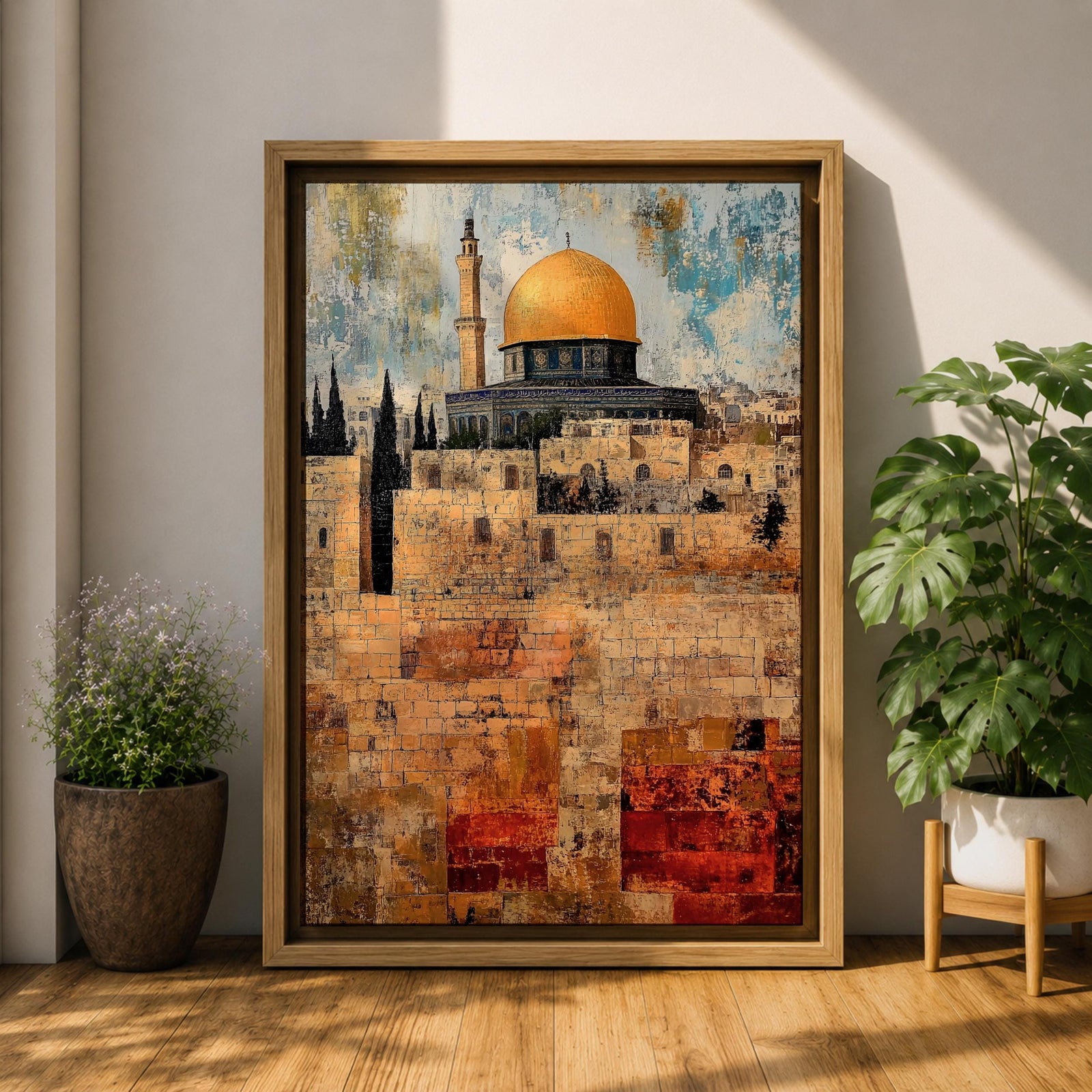 Textured painting of the Dome of the Rock with its golden dome rising above the historic stone walls of Jerusalem’s Old City, featuring layered brushstrokes and weathered textures that highlight the iconic Islamic shrine near the Al-Aqsa complex.