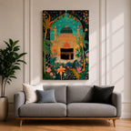 Colorful illustration of the Kaaba at Masjid al-Haram framed by a lush floral arch with palm trees, tropical plants, and vibrant flowers surrounding a decorative mosque courtyard beneath a turquoise sky.