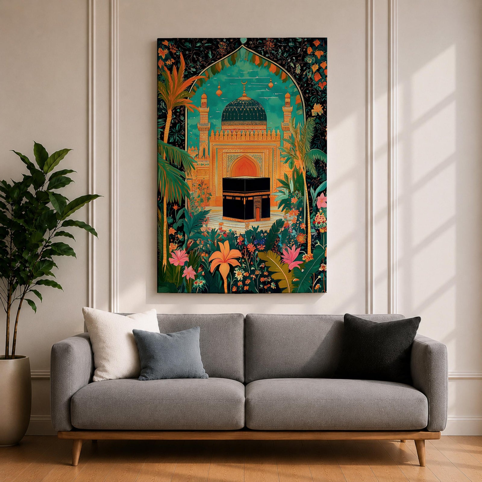 Colorful illustration of the Kaaba at Masjid al-Haram framed by a lush floral arch with palm trees, tropical plants, and vibrant flowers surrounding a decorative mosque courtyard beneath a turquoise sky.