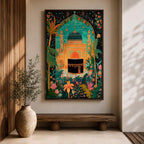 Colorful illustration of the Kaaba at Masjid al-Haram framed by a lush floral arch with palm trees, tropical plants, and vibrant flowers surrounding a decorative mosque courtyard beneath a turquoise sky.
